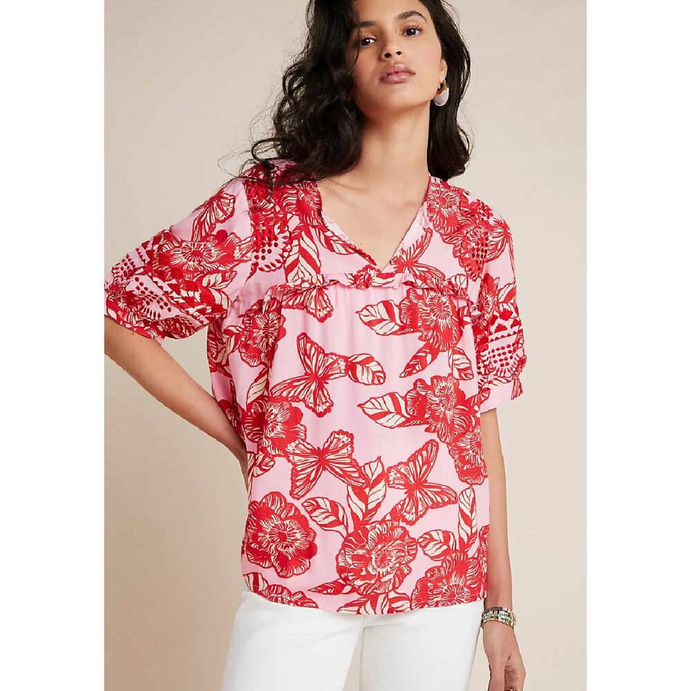 Anthropologie Vineet Bahl Pink Red Floral Top Inge Embroidered Blouse Medium